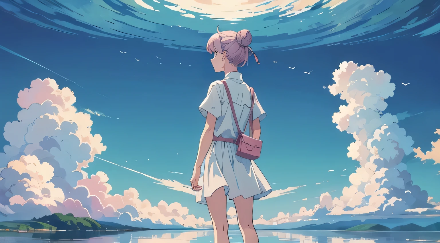 masterpiece, Highest quality, Super detailed, Standing alone, looking up at the sky, Very short silver haircut, Pink Eyes, Bun Hair, The water surface reflecting the sky, cumulonimbus, Fantasy, Casual and natural summer outfit, Minimalist composition