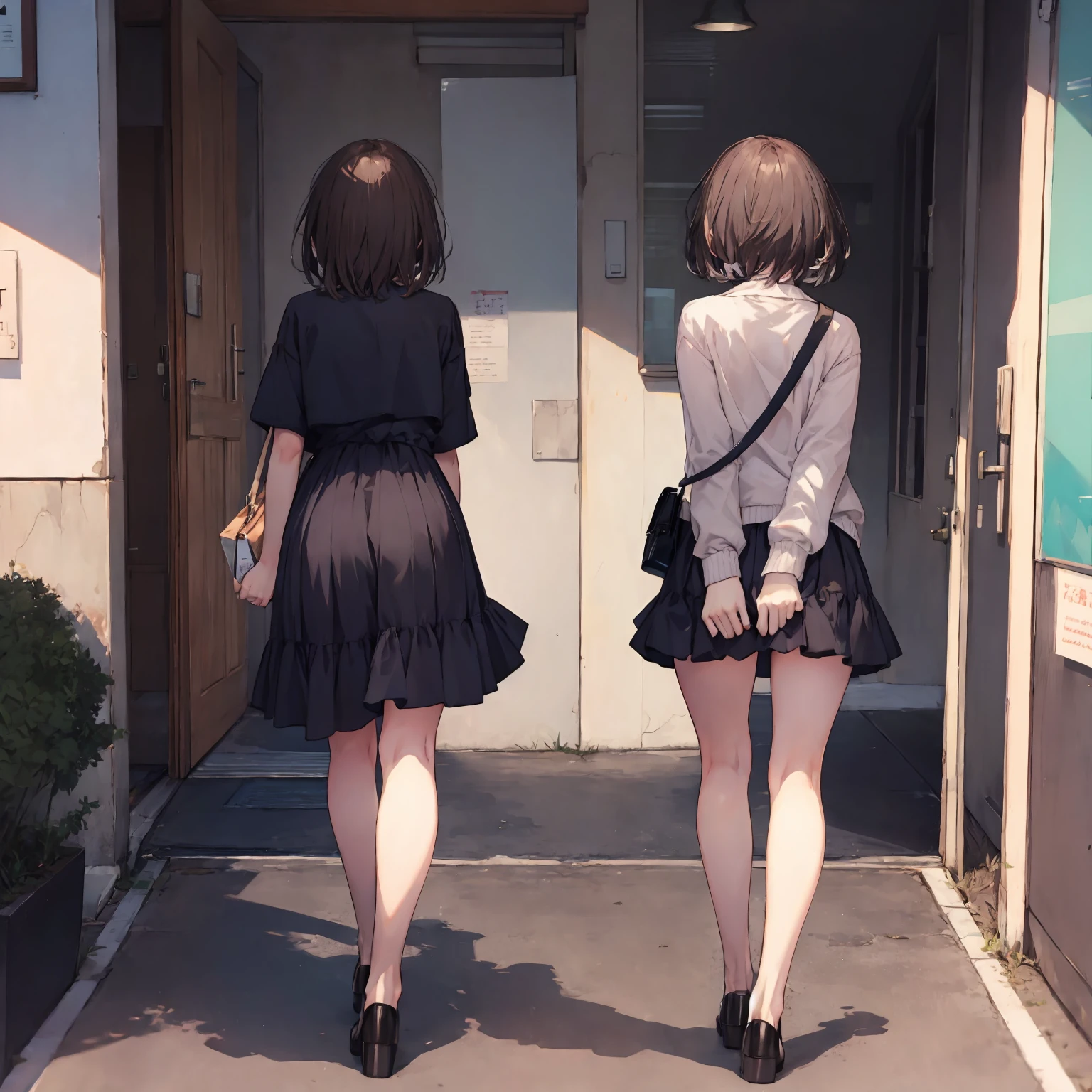 animese anime woman in skirt and blouse, walking up the stairs, 1woman, stairs, skirt, brown hair,long hair,solo, grey skirt,school uniform, pleated skirt,(((covering ass))), blush, long sleeves, bangs,(( from behind)),full body,White panties,bag,clothes tug, skirt tug, 