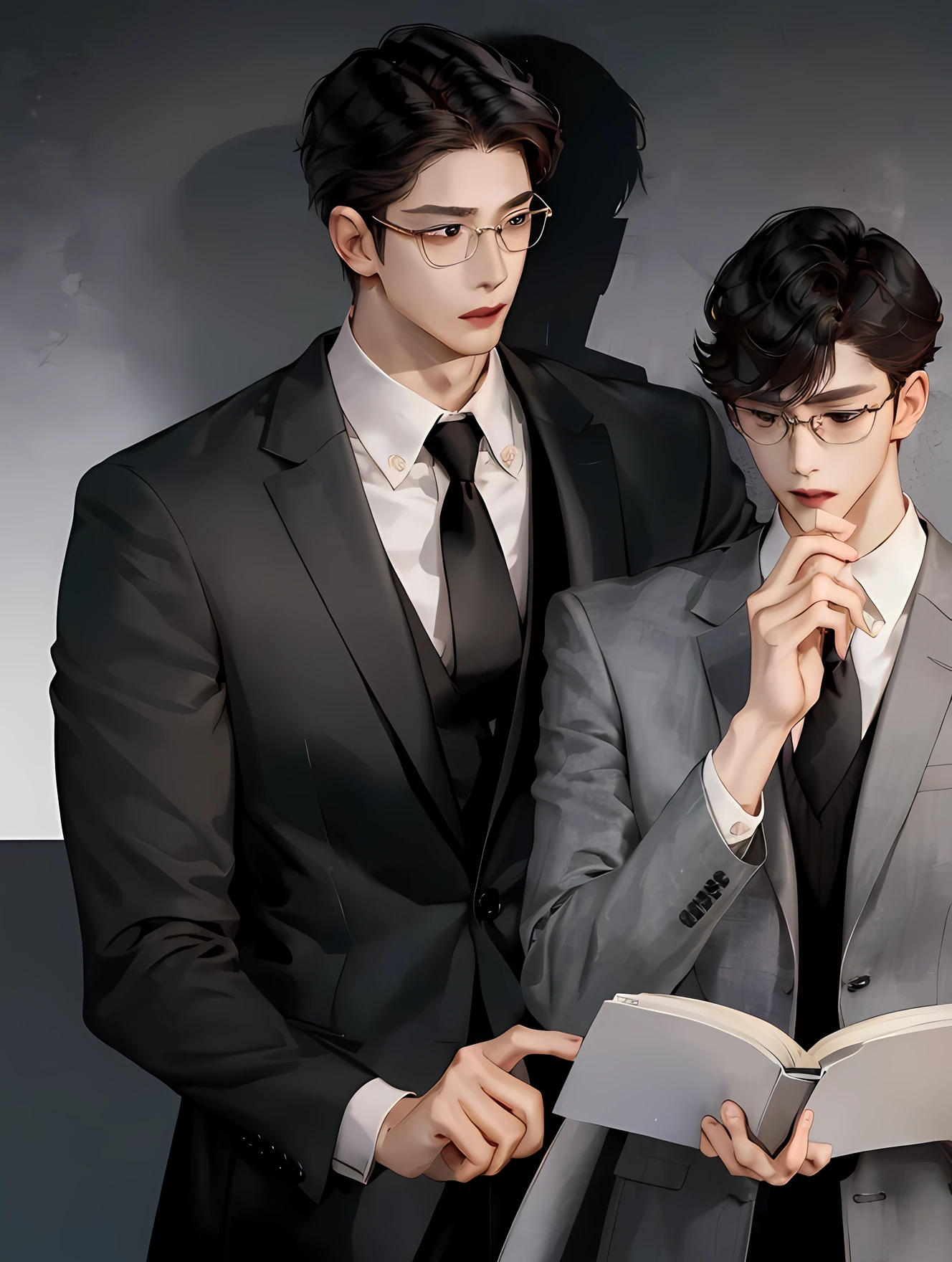 ((a book cover with two main characters, Seo-Jun y Tae-Joon)), Criminal organization, negotiator, Escape, Strain, Seo-jun (boy of average height, slim but athletic build, He has a kind and calm face, with warm eyes and a soft smile, wear glasses with thin frames, chestnut), Tae-joon (A man of elegant bearing and imposing presence, stomach 1.85m and has an athletic body, His face is angular, with refined features and penetrating eyes, he doesn&#39;t wear glasses, black hair), artwork, Best Quality, image of the city in twilight, with gray and black tones predominating, backlit, Their faces partially hidden, suggesting mystery, flashes of light highlighting specific features (eyes and lips), plays with shadows and contrasts, much darkness, Seo-jun in Tae-joon&#39;s arms.