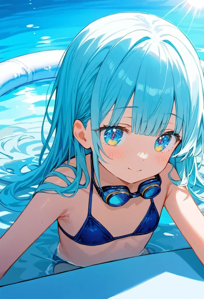 masterpiece, best quality, extremely detailed, (illustration, official art:1.1), 1 girl ,(((( light blue long hair)))), ,(((( light blue long hair)))),light blue hair, , long hair ((blush)) , cute face, big eyes, masterpiece, best quality,(((((a very delicate and beautiful girl))))),Amazing,beautiful detailed eyes,blunt bangs((((little delicate girl)))),tareme(true beautiful:1.2), sense of depth,dynamic angle,,,, affectionate smile, (true beautiful:1.2),,(tiny 1girl model:1.2),)(flat chest),shy，In a pool，There was a  lying on her stomach on a swimming ring。The water in the pool is crystal clear， wearing a navy colored swimsuit，Sitting intently in the water。Her face showed a look of happiness and contentment，The surroundings are filled with laughter and laughter。The sun shone on her through the surface of the pool，The whole picture is full of relaxed and carefree atmosphere。Wear underwater goggles around your neck