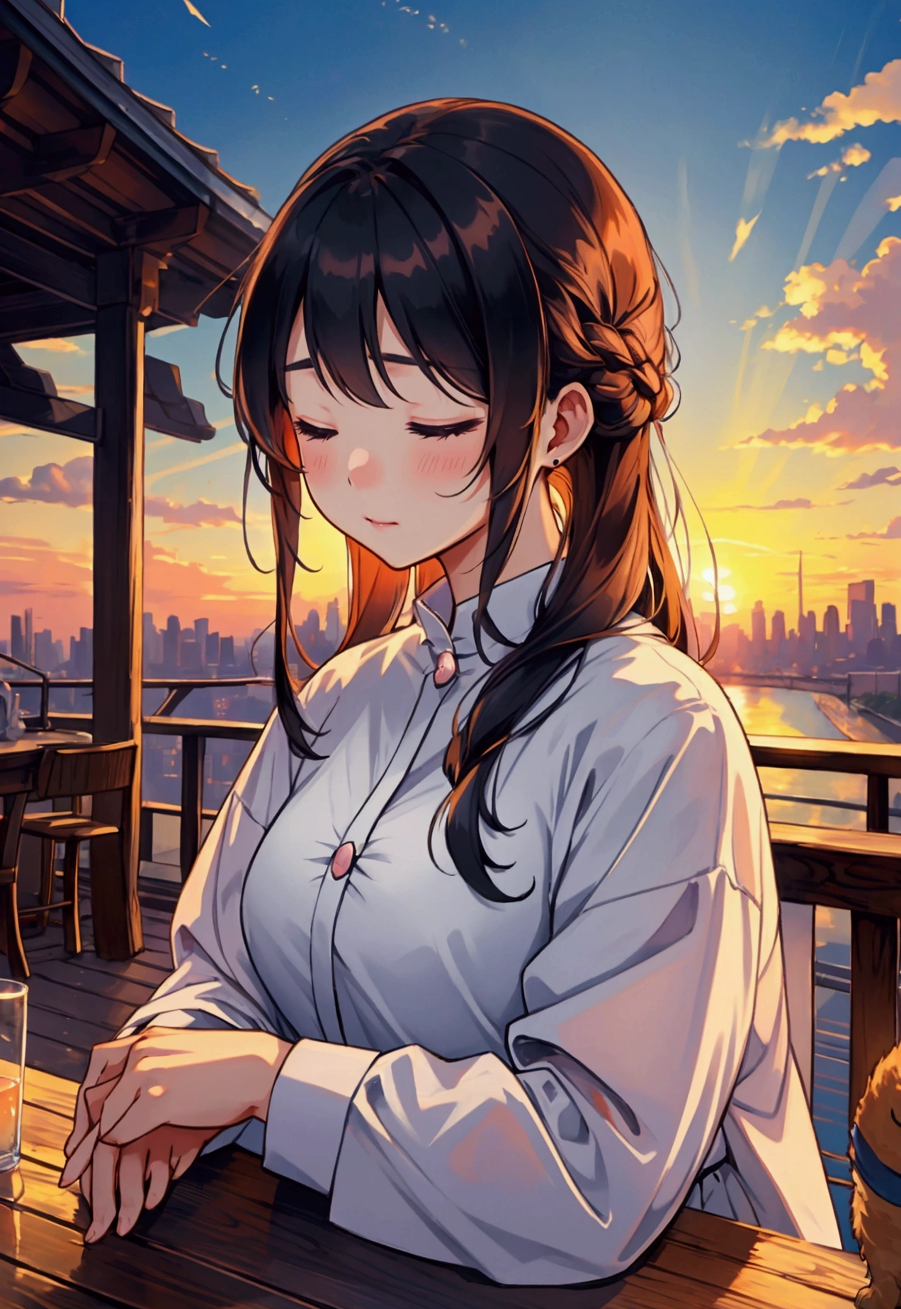 Future City、masterpiece, Highest quality, High detail,puppy、evening、Asleep、Beautiful sunset、




