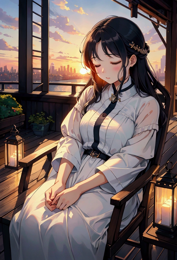 Future City、masterpiece, Highest quality, High detail,puppy、evening、Asleep、Beautiful sunset、




