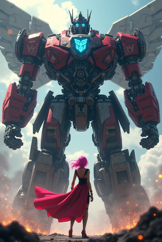 Optimus Prime, Sakura Haruno, giant robot, highly detailed, exquisite rendering, 8k, photorealistic, cinematic lighting, epic action scene, dramatic pose, intricate machinery, glowing eyes, complex patterns, vibrant colors, dynamic composition, masterpiece Sexy 