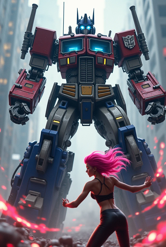 Optimus Prime, Sakura Haruno, giant robot, highly detailed, exquisite rendering, 8k, photorealistic, cinematic lighting, epic action scene, dramatic pose, intricate machinery, glowing eyes, complex patterns, vibrant colors, dynamic composition, masterpiece Sexy