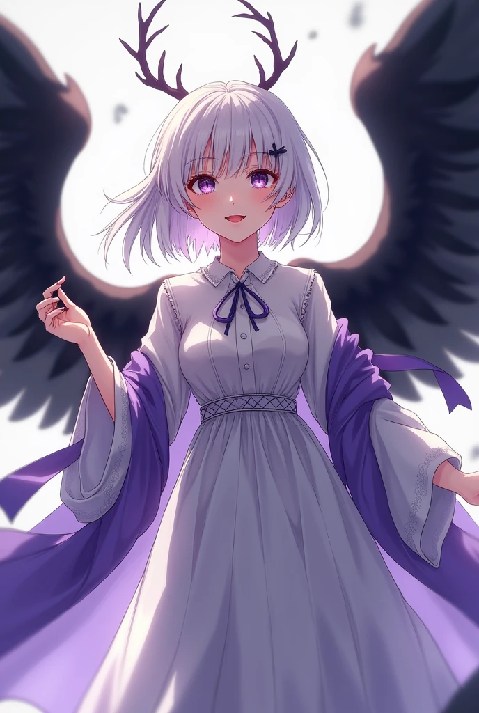 A 20-year-old girl with white hair and purple eyes and wearing a long dress with a white shirt with a long purple Marga with black wings with a positive personality