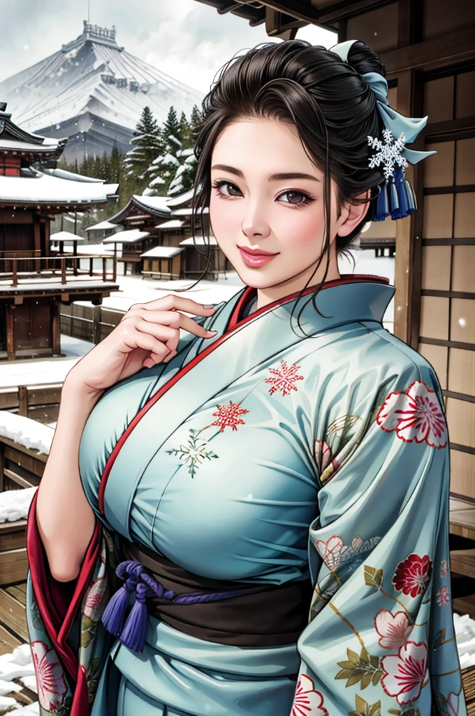 (Browsing Caution), (RAW Photos), (Realistic), (Photorealistic), Ultra-high resolution, masterpiece, Highest quality, Portraiture, facial Portraiture, Perfect lighting, Detailed lighting, Dramatic Shadows, Ray Tracing, Pure Eros Face_v1, Urzan-6500-v1.1, ((gentle smile)), ((upper body:1.2)), ((random sexy pose)), looking at viewer, ((wearing a kimono)), ((in old Japanese shinto)), ((background with snow:1.2)), ((blizzard:1.2)), ((snowflake:1.2)),