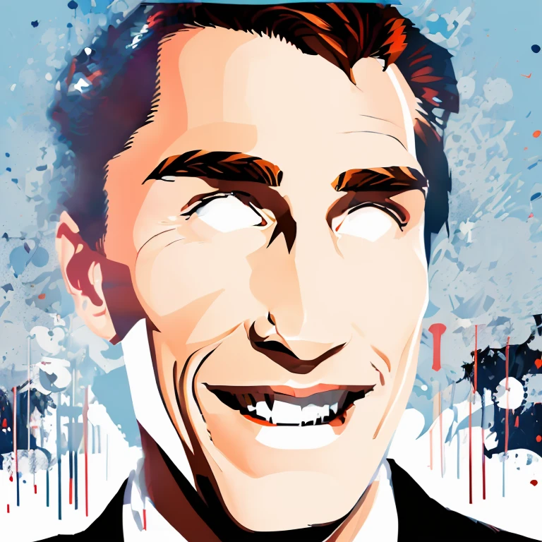 t-shirt, white background image, vector, design, cartoon, a close-up of a man in a suit making a face, Patrick Bateman), in American Psycho (1 9 9 9), in American Psycho (1999), Patrick Bateman, in Psycho Americana, American Psycho, in the film Hard Target (1993), (Christian Bale), (smug smile).
