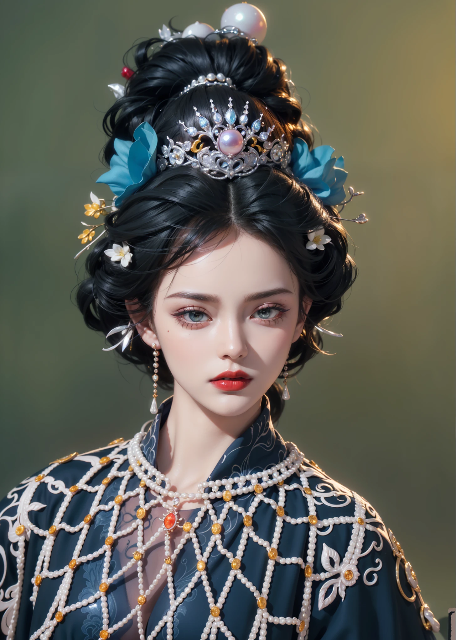 Royal princess,Extremely detailed, Delicate face, Stock Photography , Portrait 400, F1 Camera Lens.6, rich and colorful, Surrealism, Realistic textures, Dramatic Lighting, Thin Film Distiller 800 (8K, original photo, Better quality, masterpiece: 1.2), Extremely detailed, (Extremely delicate skin: 1.2), 8K ultra high definition, SLR camera, Soft Light, high quality.Fire Queen,Blue pupils,Wear red lipstick,Have a tattoo,The tattoo is very three-dimensional,Gorgeous and intricate tattoo designs,Dark eyeshadow,Sexy thick lips(Red lipstick),Gorgeous pearl and gemstone decoration,