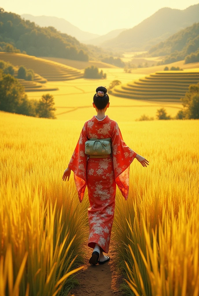 Japanese style rice field, golden colour rice field a girl in kimono is walking toward the field.