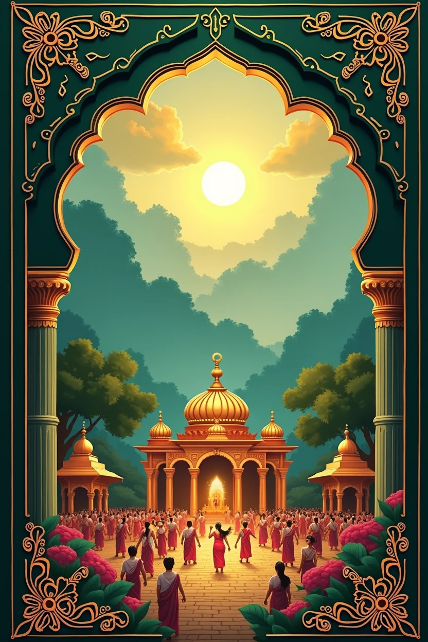 Create a invitation card of typical Indian religious Hindu theme with colour green dark green and golden there should be beautiful picture of Ram Leela of Ayodhya on the top in a beautiful design and the name must be highlighted Chouhan pariwar at their residence CHOUHAN NIWASinviting you and some beautiful lines about it.