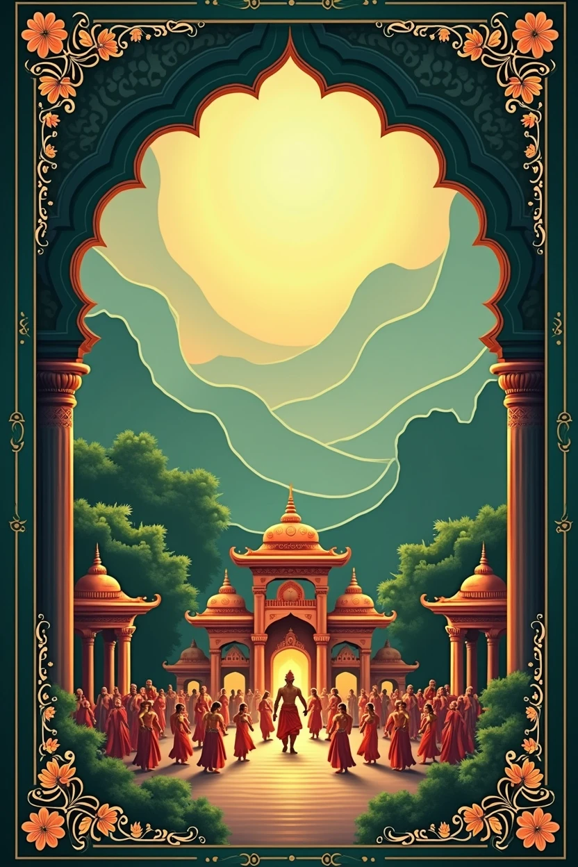 Create a invitation card of typical Indian religious Hindu theme with colour green dark green and golden there should be beautiful picture of Ram Leela of Ayodhya on the top in a beautiful design and the name must be highlighted Chouhan pariwar at their residence CHOUHAN NIWASinviting you and some beautiful lines about it.