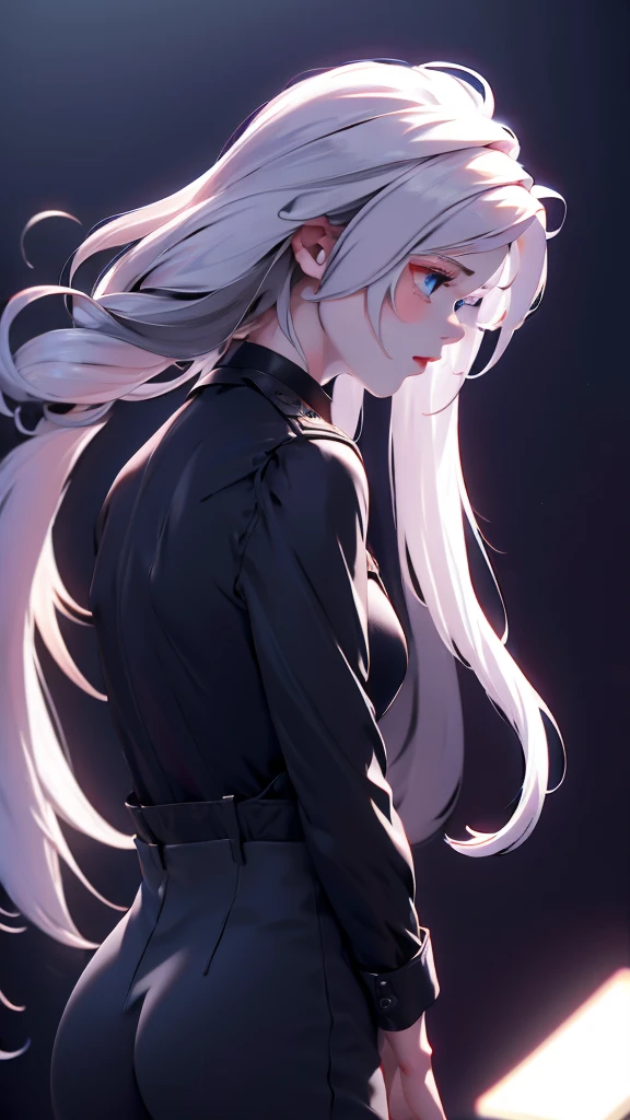 1 Girl, medium light white hair, light blue eyes, wearing Black Suit 4D , night club TOWN 18+, high res, ultrasharp, 8K, masterpiece, looking from behind