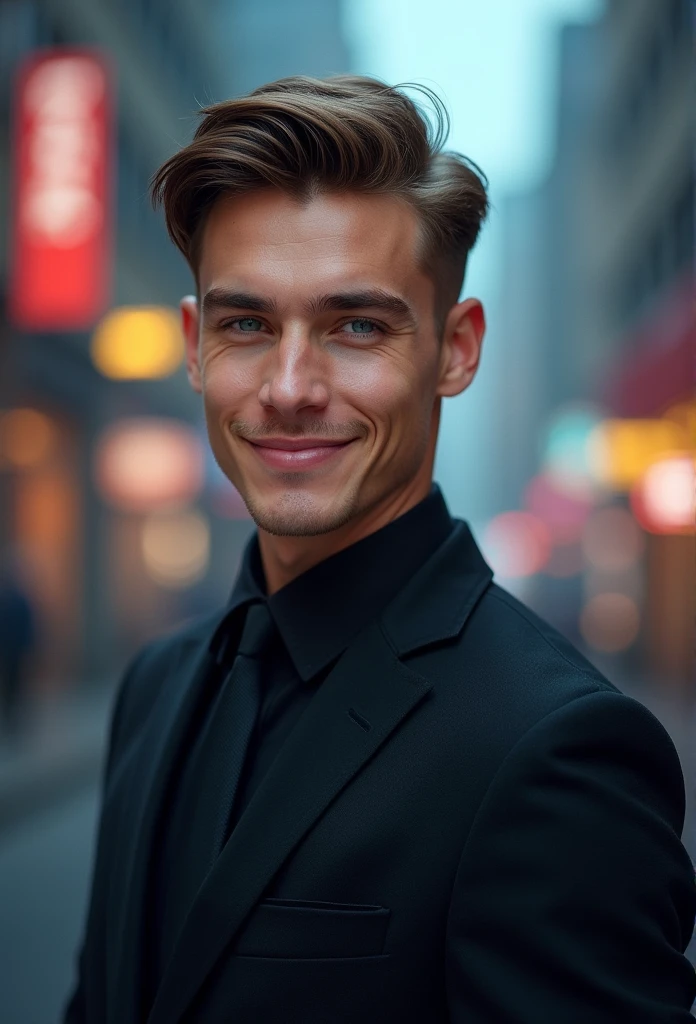 German young man,beautiful detailed blue eyes,Brown hair,black suit,confident expression,sharp jawline,Vibrant skin,smiling,pretty face,standing pose,hole body,Cityscape,Professional studio lighting,realisti,photorealisti:1.37,Vivid colors,cooler Ton,Soft lighting