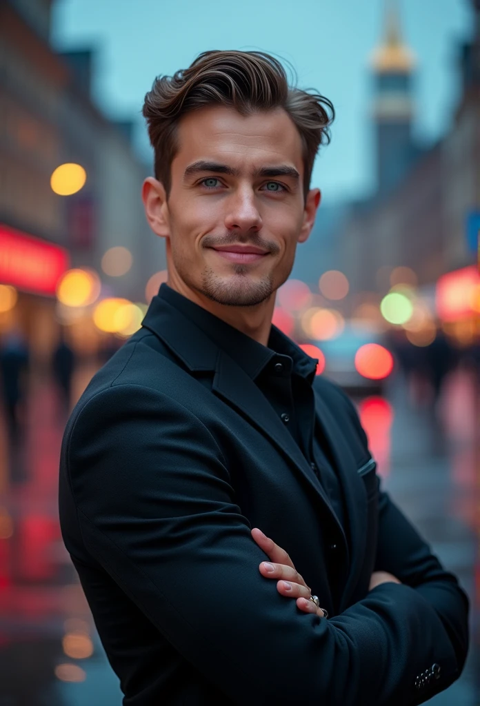 German young man,beautiful detailed blue eyes,Brown hair,black suit,confident expression,sharp jawline,Vibrant skin,smiling,pretty face,standing pose,hole body,Cityscape,Professional studio lighting,realisti,photorealisti:1.37,Vivid colors,cooler Ton,Soft lighting