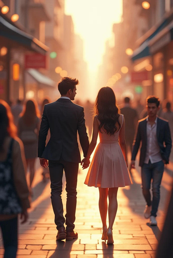 A lady and man (more blur)walking in a busy street by holding hands more crowd casual costume