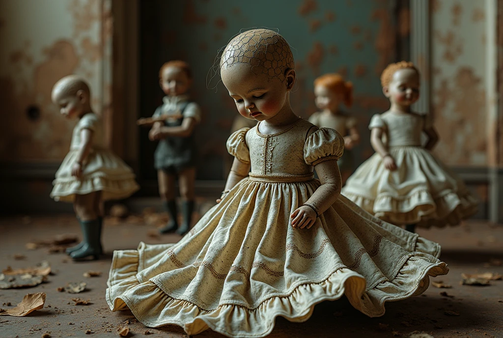 Visit to a museum of cracked and damaged antique tin dolls。The Louvre Museum in ruins、