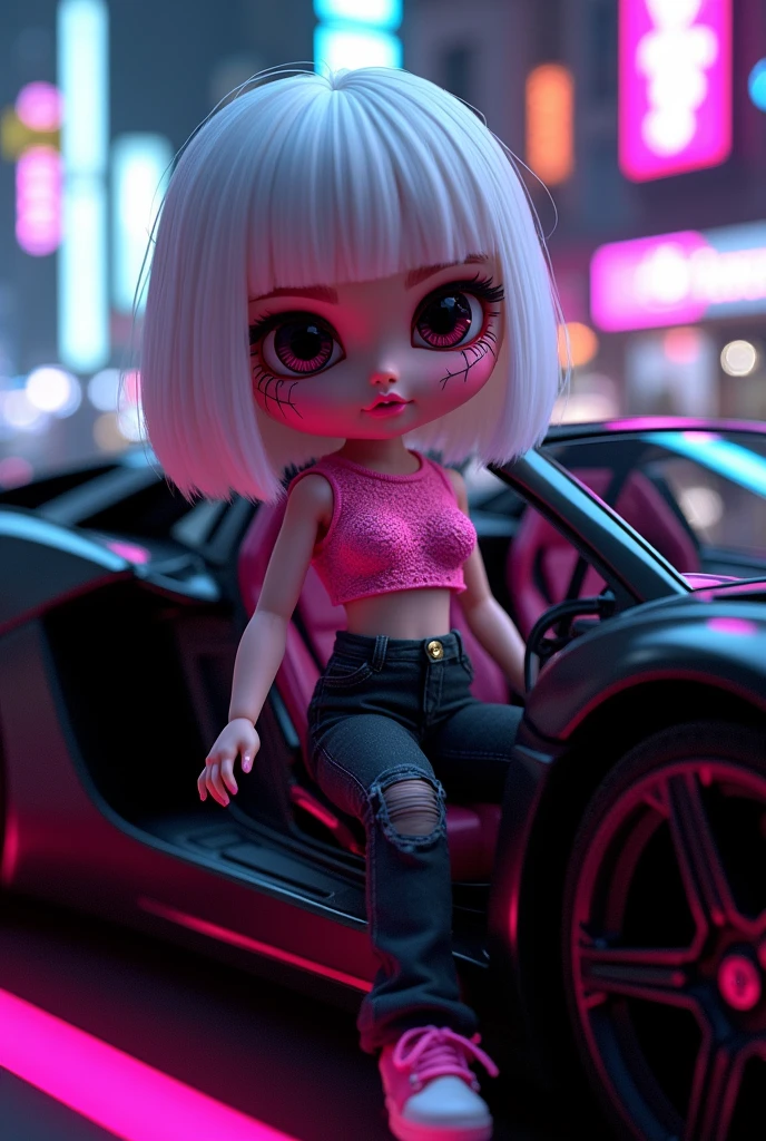 Imagine a scene where a Pixar Cartoon doll,Dark style stands out in a vibrant environment. has white hair , Big eyes accentuated with dark makeup and pink eyeliner. Her nails are pink and her face has neon pink cracks that stand out in the dark.. She wears a pink lace crop top paired with tight black jeans. She is sitting in a black sports car with pink details, surrounded by a black environment with lighting "glow" which intensifies the futuristic and enigmatic atmosphere.