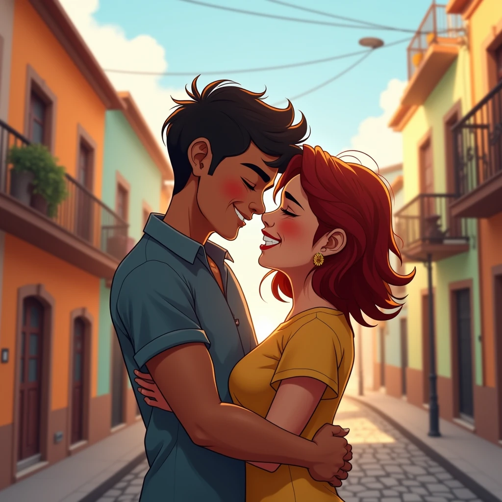 representacion de mucho amor y felicidad entre Chileno y colombiana piel morena, short dark red hair, chubby people in valparaiso, Chile