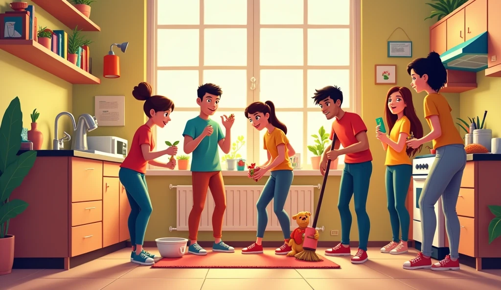 GROUP OF PEOPLE DOING VARIOUS DAILY ACTIVITIES SUCH AS COOKING, sweep, clean, STUDY CARTOON