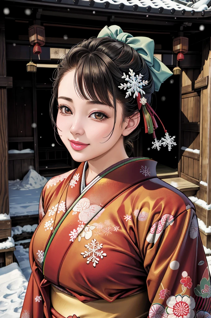 (Browsing Caution), (RAW Photos), (Realistic), (Photorealistic), Ultra-high resolution, masterpiece, Highest quality, Portraiture, facial Portraiture, Perfect lighting, Detailed lighting, Dramatic Shadows, Ray Tracing, Pure Eros Face_v1, Urzan-6500-v1.1, ((gentle smile)), ((upper body:1.2)), ((random sexy pose)), looking at viewer, ((wearing a kimono)), ((in old Japanese shinto)), ((background with snow:1.2)), ((blizzard:1.2)), ((snowflake:1.2)),