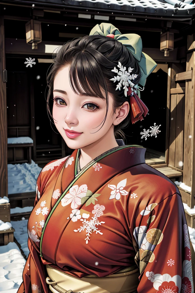 (Browsing Caution), (RAW Photos), (Realistic), (Photorealistic), Ultra-high resolution, masterpiece, Highest quality, Portraiture, facial Portraiture, Perfect lighting, Detailed lighting, Dramatic Shadows, Ray Tracing, Pure Eros Face_v1, Urzan-6500-v1.1, ((gentle smile)), ((upper body:1.2)), ((random sexy pose)), looking at viewer, ((wearing a kimono)), ((in old Japanese shinto)), ((background with snow:1.2)), ((blizzard:1.2)), ((snowflake:1.2)),
