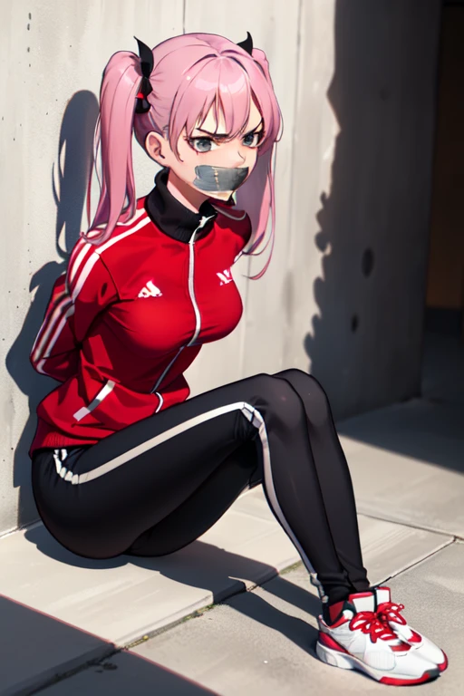 ((1 girl)), ((twin tails)), (sexy),  ((simple_background)), ((concrete floor, concrete wall)), ((underground room)), ((arms behind back)), ((scowl)), ((sitting on the knees)), ((tape gag)),  ((helpless)), ((calm)), ((struggling)), (blue tracksuit,tracksuit,tights pants, long black pants)