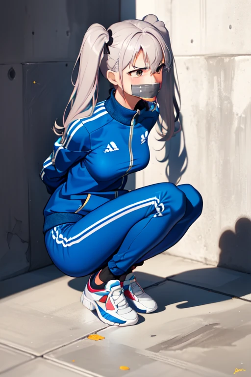 ((1 girl)), ((twin tails)), (sexy),  ((simple_background)), ((concrete floor, concrete wall)), ((underground room)), ((arms behind back)), ((scowl)), ((sitting on the knees)), ((tape gag)),  ((helpless)), ((calm)), ((struggling)), (blue tracksuit,tracksuit,tights pants, long black pants)