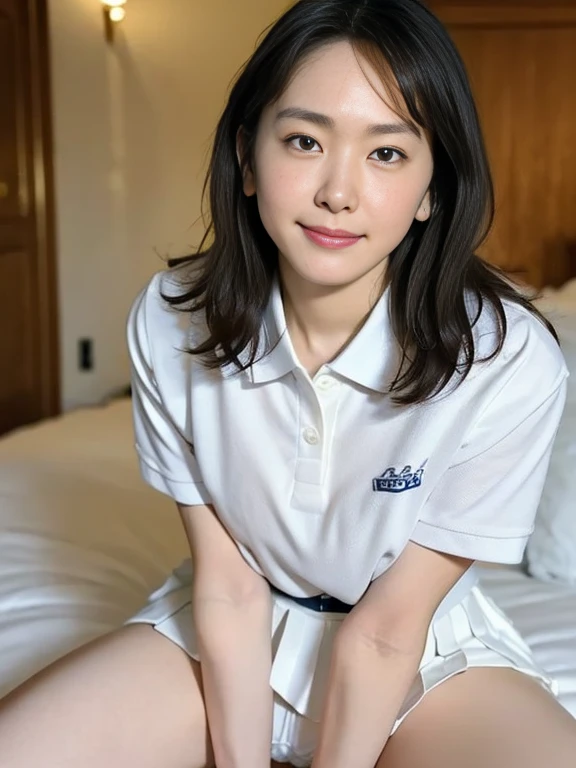 (Masterpiece, Best quality:1.3), (Ultra realistic, Photo-realistic:1.2), Natural light, 28 years old actress, Japanese 2 women, Neat and clean, (White tennis uniform, White short-sleeve polo shirt with darknavy line collar:1.1), (unbutton:1.3), (White pleated skirt:1.1), white sock, (ponytail:1.2), (Beautiful face), Oval face, clear, Beautiful eyes, Kind eyes, Clear skin, Small face, Beautiful mouth, Small mouth, Natural makeup, Approachable, (nsfw:1.1), Seductive smile, (Seductive pose:1.2), (Beautiful thighs:1.1), (Bedroom eyes:1.1), Embarrassed, Blush, Luxury hotel Suite room, On bed, Hidden camera installed in suite room captures obscene reality of girls high school, lesbian couple , petting together Pussy, grabbing crotch together, 2 girls erotic hag,