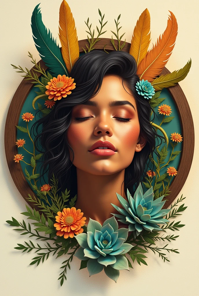 Illustration of the face of a Colombian indigenous woman with cinnamon-colored skin, closed eyes, touched with orange, yellow, Aquamarine and ochre colored feathers, surrounded by flowers, succulents and creepers in a wooden circle on a sandy blanco background that shows the complete circular image
