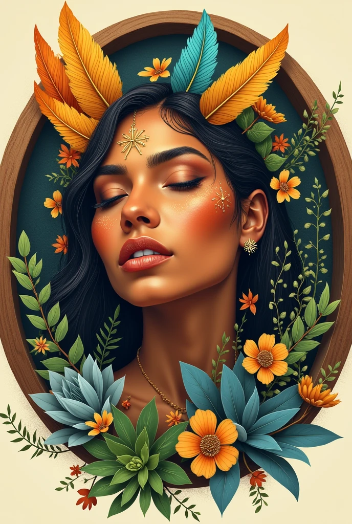 Illustration of the face of a Colombian indigenous woman with cinnamon-colored skin, closed eyes, touched with orange, yellow, Aquamarine and ochre colored feathers, surrounded by flowers, succulents and creepers in a wooden circle on a sandy blanco background that shows the complete circular image
