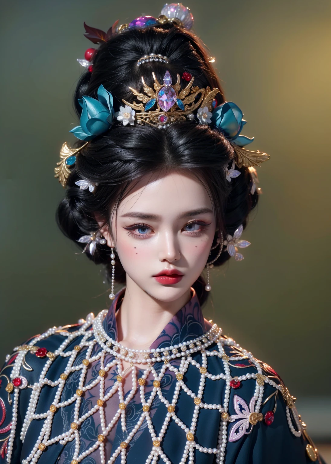 Royal princess,Extremely detailed, Delicate face, Stock Photography , Portrait 400, F1 Camera Lens.6, rich and colorful, Surrealism, Realistic textures, Dramatic Lighting, Thin Film Distiller 800 (8K, original photo, Better quality, masterpiece: 1.2), Extremely detailed, (Extremely delicate skin: 1.2), 8K ultra high definition, SLR camera, Soft Light, high quality.Fire Queen,Blue pupils,Wear red lipstick,Have a tattoo,The tattoo is very three-dimensional,Gorgeous and intricate tattoo designs,Dark eyeshadow,y thick lips(Red lipstick),Gorgeous pearl and gemstone decoration,