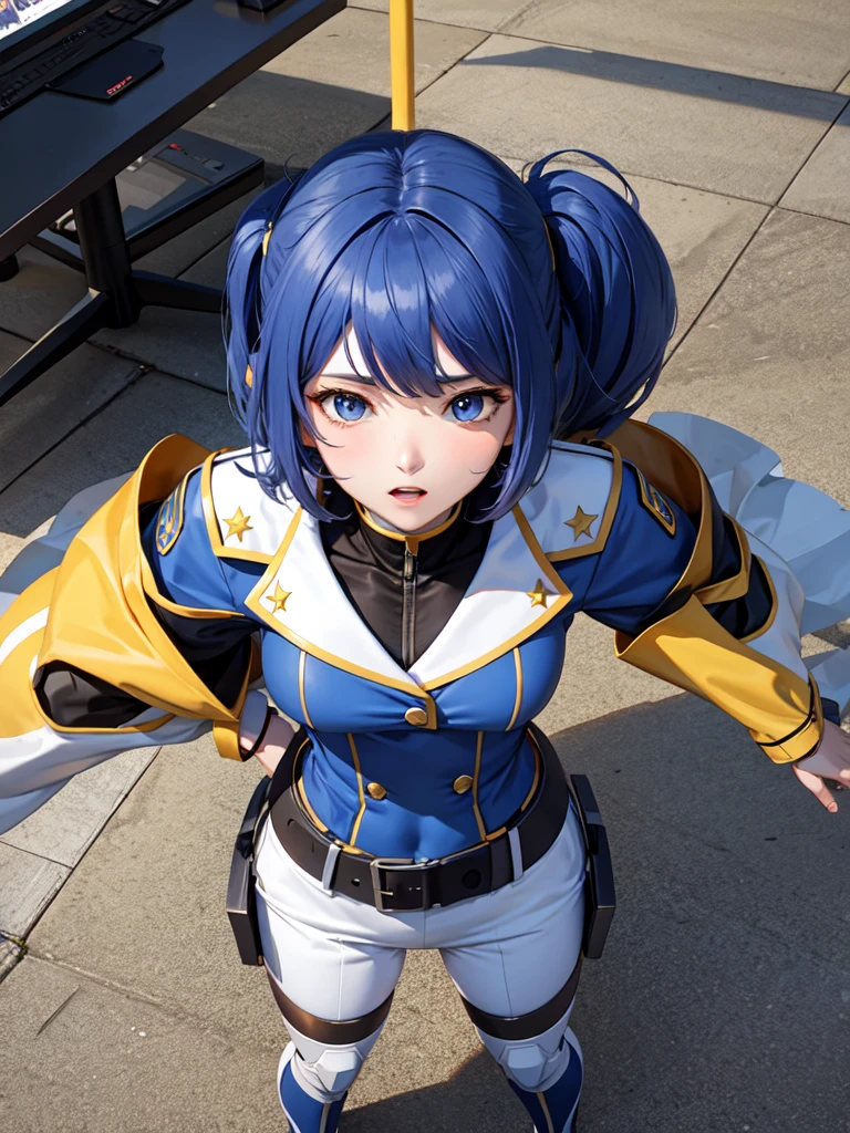 Female anime style Dorbach ,Mecha Uniform 2D, ((Operating a computer))((Highest quality)), ((masterpiece)), (detailed) ((Centered Images)) Crying face