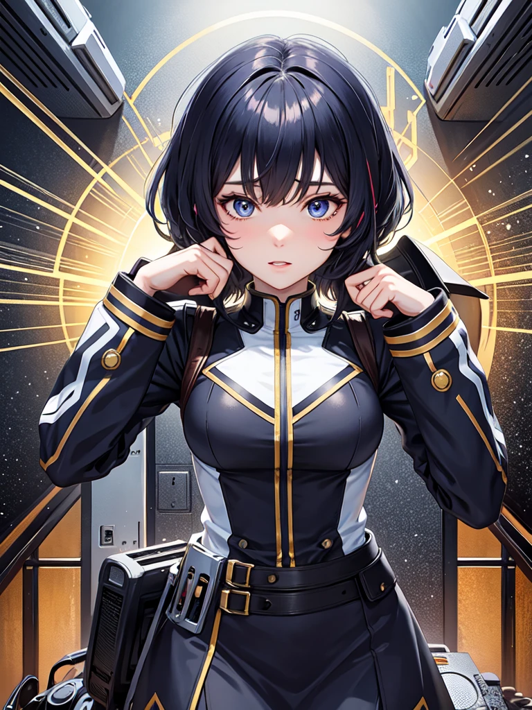 Female anime style Dorbach ,Mecha Uniform 2D, ((Operating a computer))((Highest quality)), ((masterpiece)), (detailed) ((Centered Images)) Crying face