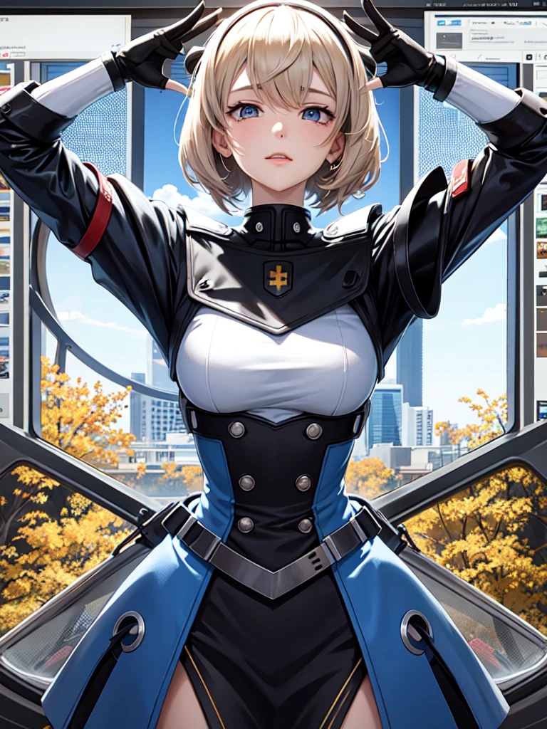 Female anime style Dorbach ,Mecha Uniform 2D, ((Operating a computer))((Highest quality)), ((masterpiece)), (detailed) ((Centered Images)) Crying face