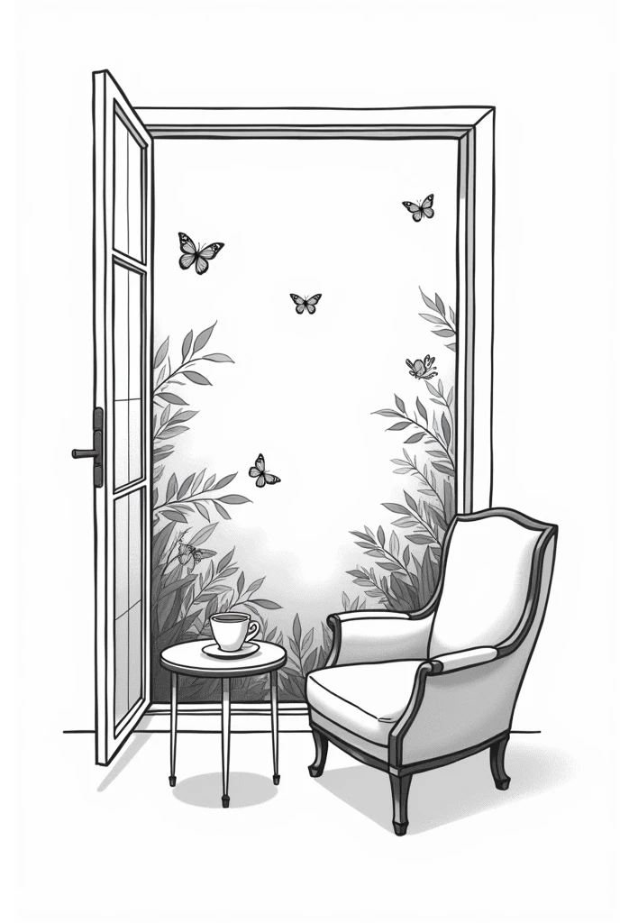 Create a minimalist black and white tattoo illustration of an open window with a garden with butterflies outside and an armchair with a side table holding a cup of hot coffee inside