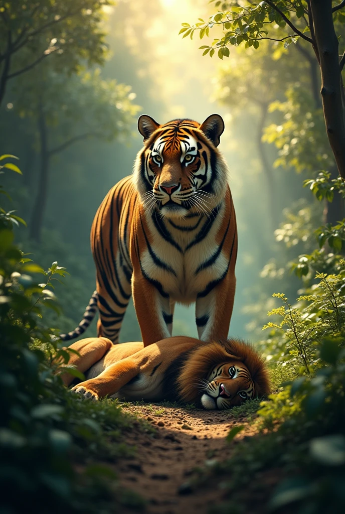 Size:1080×1920
Prompt:A dramatic scene in a lush, dense jungle at dawn where a powerful tiger emerges victorious over a lion. The tiger stands tall, muscles rippling, its eyes sharp and focused. The defeated lion lies on the ground, its mane disheveled, looking exhausted. The scene is highly detailed, with the sunlight piercing through the trees, casting shadows and highlighting the tiger’s dominance. The style should evoke the sense of realism mixed with a painterly touch.Lion lying on the ground.
(best quality,4k,8k,highres,masterpiece:1.2),ultra-detailed,(realistic,photorealistic,photo-realistic:1.37),HDR,studio lighting,extremely detailed face and body, portrait,cinematic lighting,dramatic lighting,warm color tones,dramatic colors