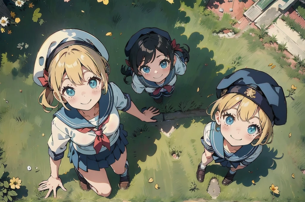 cute、daily、Group photo、Smiling face、Sailor suit、mini skirt、beret、(from above:2) 、bright、On the grass
