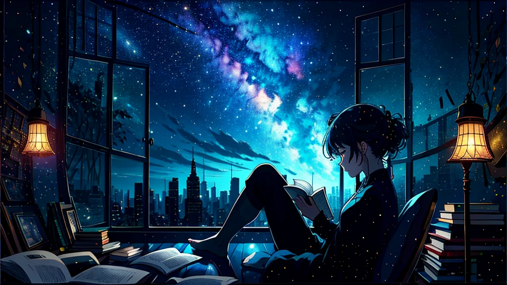 masterpiece, One person, alone, A room full of scattered books, Sit by the window, barefoot, Reading books, Night by the window, Distant city lights, Starry Sky, nebula, Close-up side shot, 8k, detailed, Highest quality,Black cat、Beauty、