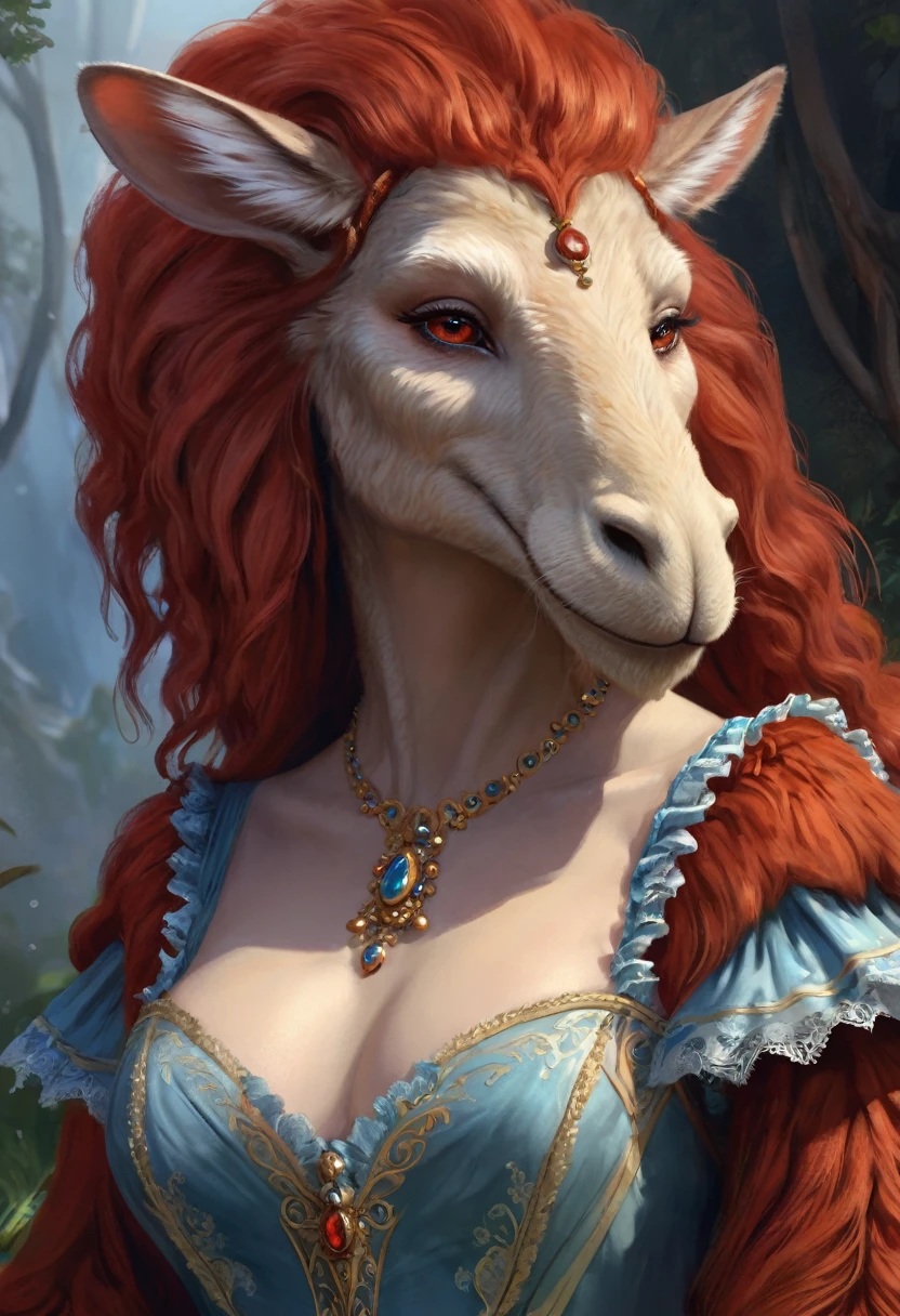 Brian Froud Inspired Beautiful Humanoid Creature. Cross Between A Wholly Mammoth And A Kangaroo. Copper Red Fur. Female. Friendly And Inviting Looking. Exudes Good And Kindness. Wearing A 1920 Dress. Official Art, Award Winning Digital Painting, Digital Illustration, Extreme Detail, 4k, Ultra Hd, Rococo, Polished, Intricate, Realistic Fantasy Art, Sharp Focus, Concept Art, Art By Wlop, Artgerm, (2d Vector Illustration)
