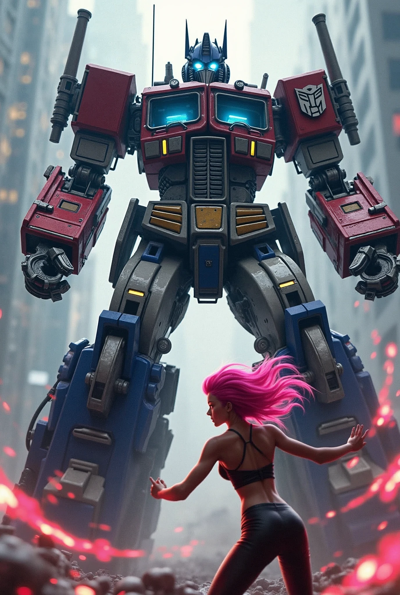 Optimus Prime, Sakura Haruno, giant robot, highly detailed, exquisite rendering, 8k, photorealistic, cinematic lighting, epic action scene, dramatic pose, intricate machinery, glowing eyes, complex patterns, vibrant colors, dynamic composition, masterpiece Sexy