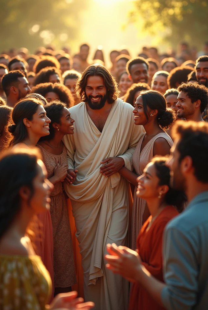 create an art to address a theme where Theme: “Before friend Jesus, we know we are not alone" friends ,como apóstolos de jesus friends com jesus, united with jesus, Communion ,friends de diverse ethnicitiess, families surrounding Jesus as if at a big party ((Art)) ,( folder)) (Maximum quality ) ((diverse ethnicities))