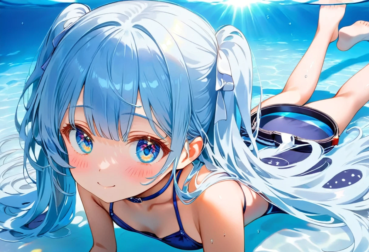 masterpiece, best quality, extremely detailed, (illustration, official art:1.1), 1 girl ,(((( light blue long hair)))), ,(((( light blue long hair)))),light blue hair, , long hair ((blush)) , cute face, big eyes, masterpiece, best quality,(((((a very delicate and beautiful girl))))),Amazing,beautiful detailed eyes,blunt bangs((((little delicate girl)))),tareme(true beautiful:1.2), sense of depth,dynamic angle,,,, affectionate smile, (true beautiful:1.2),,(tiny 1girl model:1.2),)(flat chest),shy,In a pool,There was a lying on her stomach on a swimming ring。The water in the pool is crystal clear, wearing a navy colored swimsuit,Sitting intently in the water。Her face showed a look of happiness and contentment,The surroundings are filled with laughter and laughter。The sun shone on her through the surface of the pool,The whole picture is full of relaxed and carefree atmosphere。Wear underwater goggles around your neck