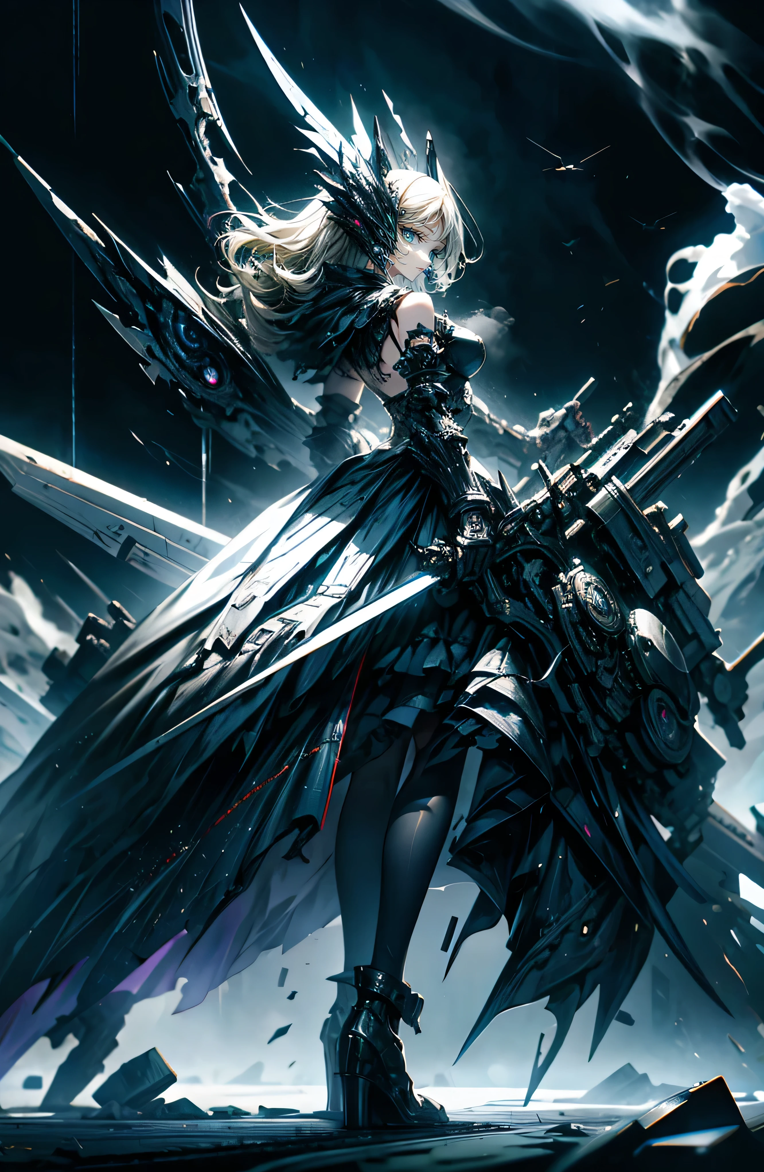 Thumbelina、super high quality、8K quality、High resolution、Image quality captured with a single-lens reflex camera、(software)、Perfect Anatomy、(1. The theme is Gothic Punk Girl)Beautiful blonde 15 year old girl.Orange eyes、(Good shape、Normal chest、Cleavage)、(Black mechanical parts for arms and legs、3D, Realistic mechanical parts)(Mechanical parts wings on the back)(Equipped with a chainsaw:1.2)break、(Perfect Anatomy:1.4)break(Rear view、Recall、avert your eyes:1.3)Petals flutter(Smoke rising from the battlefield、Twilight:1.5) ,break((A bipedal rabbit wearing a morning coat and holding a watch))