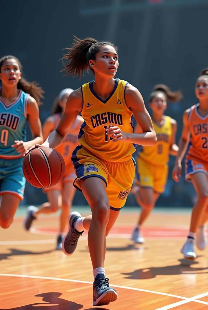 Photorealism: 9 girls playing basketball with terno beautiful jersey