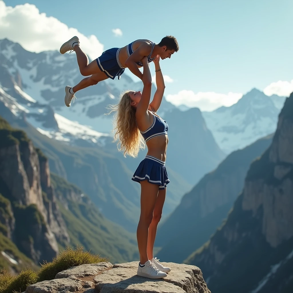 Blonde girl lifting a man high over her head with her strong arms. She is standing on a cliff with tall Mountains in the background. She is dressed in sexy cheer attire.