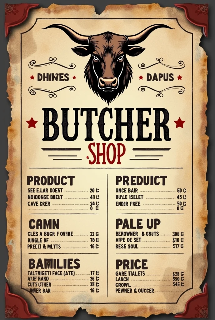 BUTCHER SHOP POSTER WITH A LOGO ON THE TOP OF A BULL AND ON THE BOTTOM THAT SAYS CARNES DE LA FICA PRICE FOR RESTAURANTS SEPARATED BY BRANDED ITEMS GROUND BEEF $22.000, MILANESE MEAT $25.000, MEAT FOR ROASTING KG $25.000, CHATAS AND BARBECUE KG $34.000, HIP TIP $30.000 kg, MURILLO
