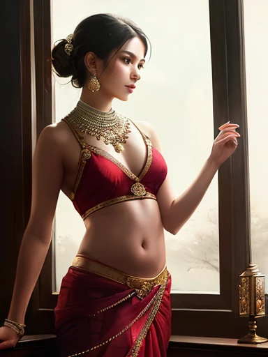 modelshoot style, (extremely detailed CG unity 8k wallpaper), full shot body photo of the most beautiful artwork in the world, stunningly beautiful photo realistic cute women in saree (navel:1.5), IN temple, professional majestic oil painting by Ed Blinkey, Atey Ghailan, Studio Ghibli, by Jeremy Mann, Greg Manchess, Antonio Moro, trending on ArtStation, trending on CGSociety, Intricate, High Detail, Sharp focus, dramatic, photorealistic painting art by midjourney and greg rutkowski Indian 