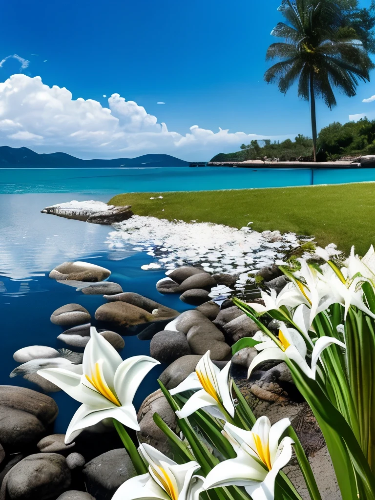 there are some white flowers in the water near some rocks, hymenocallis coronaria, spirited water plants, lily flowers, detailed white, white flowers, white lilies, flowers with very long petals, lillies, white flower, glowing veins of white, garis edelweiss, myth of narcissus, lily flower, aquatic plants, reflecting flower, david hardy