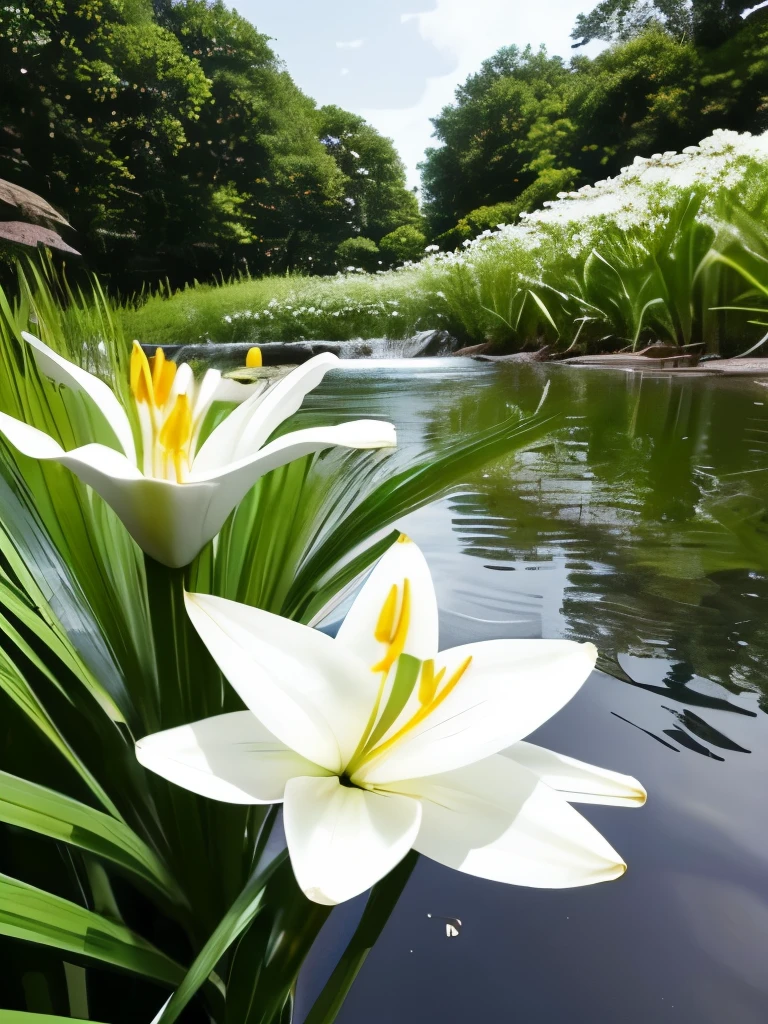 there are some white flowers in the water near some rocks, hymenocallis coronaria, spirited water plants, lily flowers, detailed white, white flowers, white lilies, flowers with very long petals, lillies, white flower, glowing veins of white, garis edelweiss, myth of narcissus, lily flower, aquatic plants, reflecting flower, david hardy