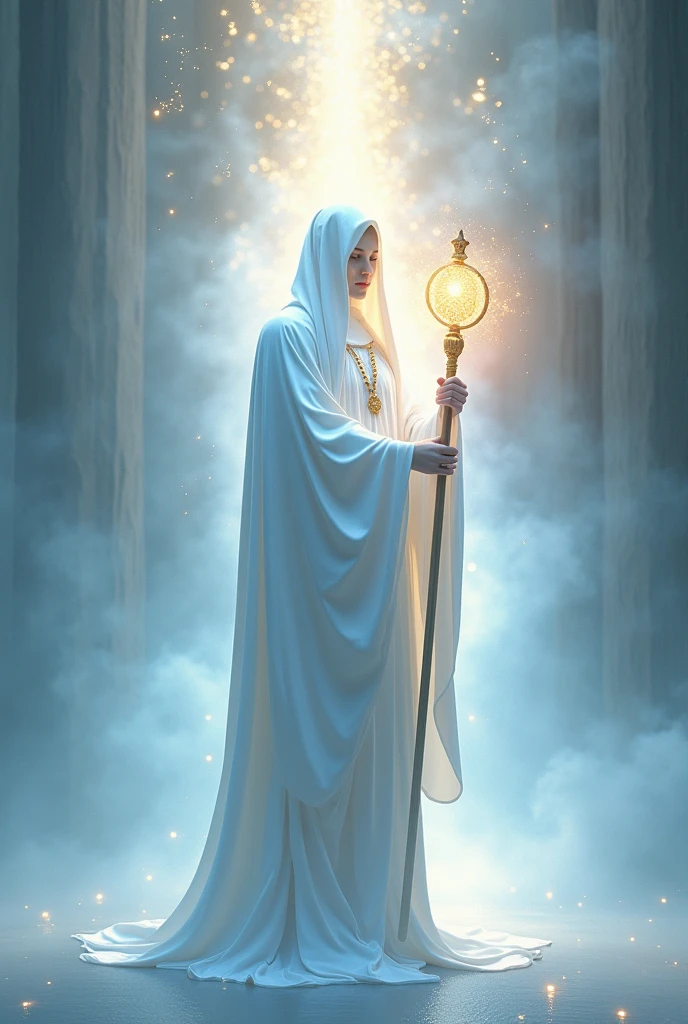 (highly realistic) (work of art) (4k image quality) (hyper detailed) (beautiful perfect face)
"Create an ethereal, luminous scene set in the fifth dimension, featuring a wise fractal being that radiates light. The being is wrapped in a fluid white cloak that covers its entire body, symbolizing purity and wisdom. In your hands, he holds a shining staff, symbol of ancient knowledge and power. The background is filled with soft, luminous fractal patterns that evoke a sense of harmony and enlightenment.. The atmosphere must be serene, with a warm and welcoming light that conveys a message of peace, spiritual ascension and elevation."